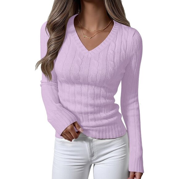 Womens Light Purple Pull On Cable Knit Long Sleeve V Neck Fitted Casual Sweater - Picture 1 of 6
